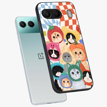 Cats in Fruits Glass Case for 1+Nord 4 angled mockup showcasing glossy finish and colorful aesthetic design
