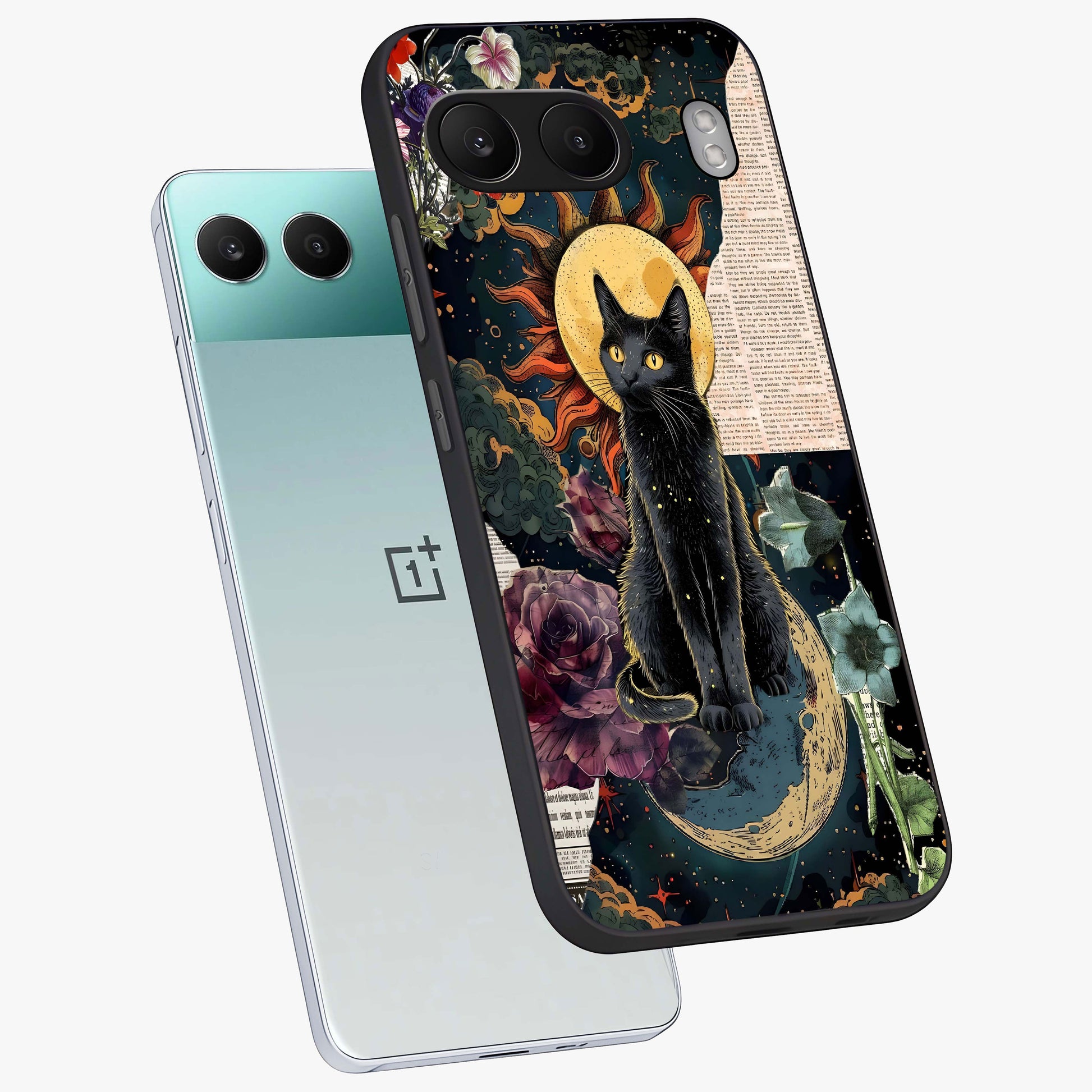 Celestial Black Cat Glass Case for 1+Nord 4 angled mockup showcasing glossy finish and celestial glow detailing