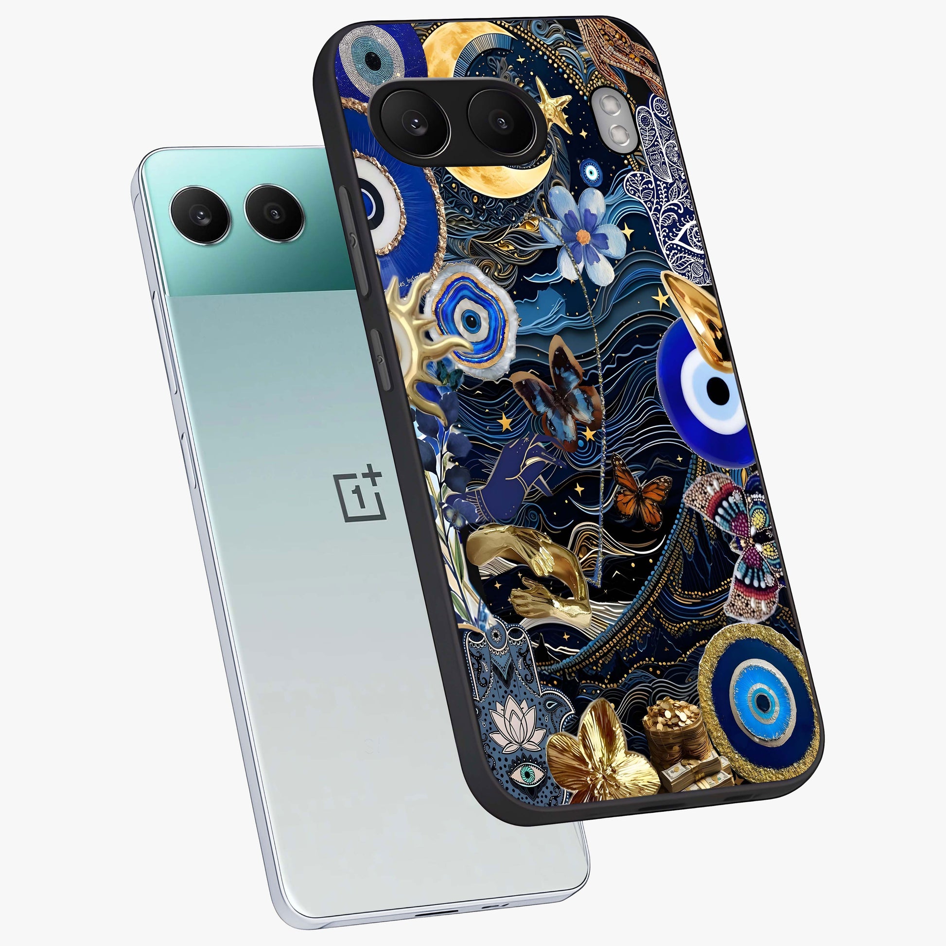 Celestial Blessing Shield Glass Case for 1+Nord 4 angled mockup showcasing glossy finish and divine design elements