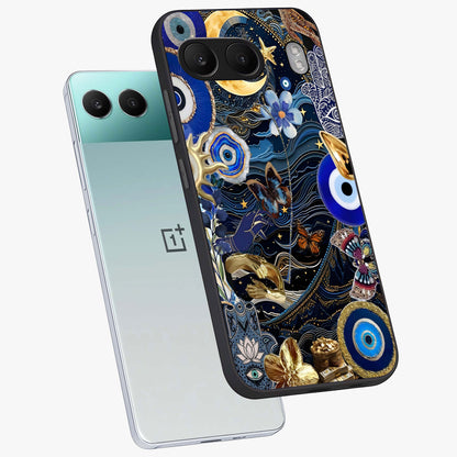 Celestial Blessing Shield Glass Case for 1+Nord 4 angled mockup showcasing glossy finish and divine design elements