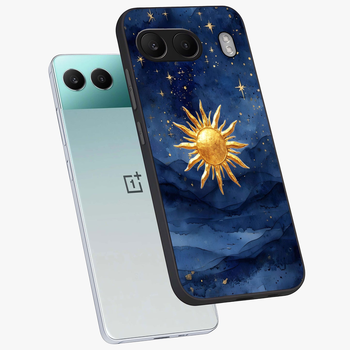 Celestial Blue Glow Glass Case for 1+Nord 4 angled mockup showcasing glossy finish and luminous celestial tones