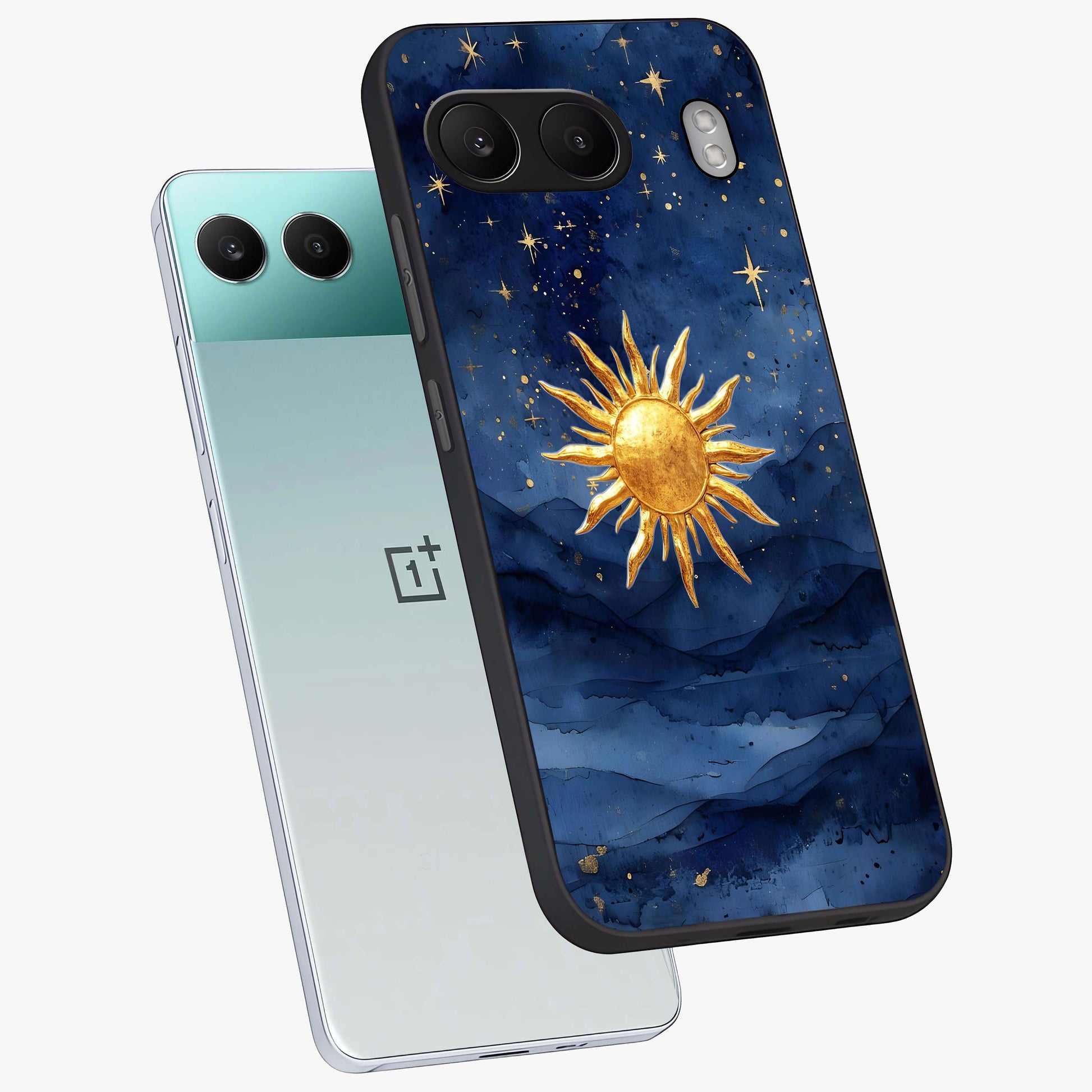 Celestial Blue Glow Glass Case for 1+Nord 4 angled mockup showcasing glossy finish and luminous celestial tones