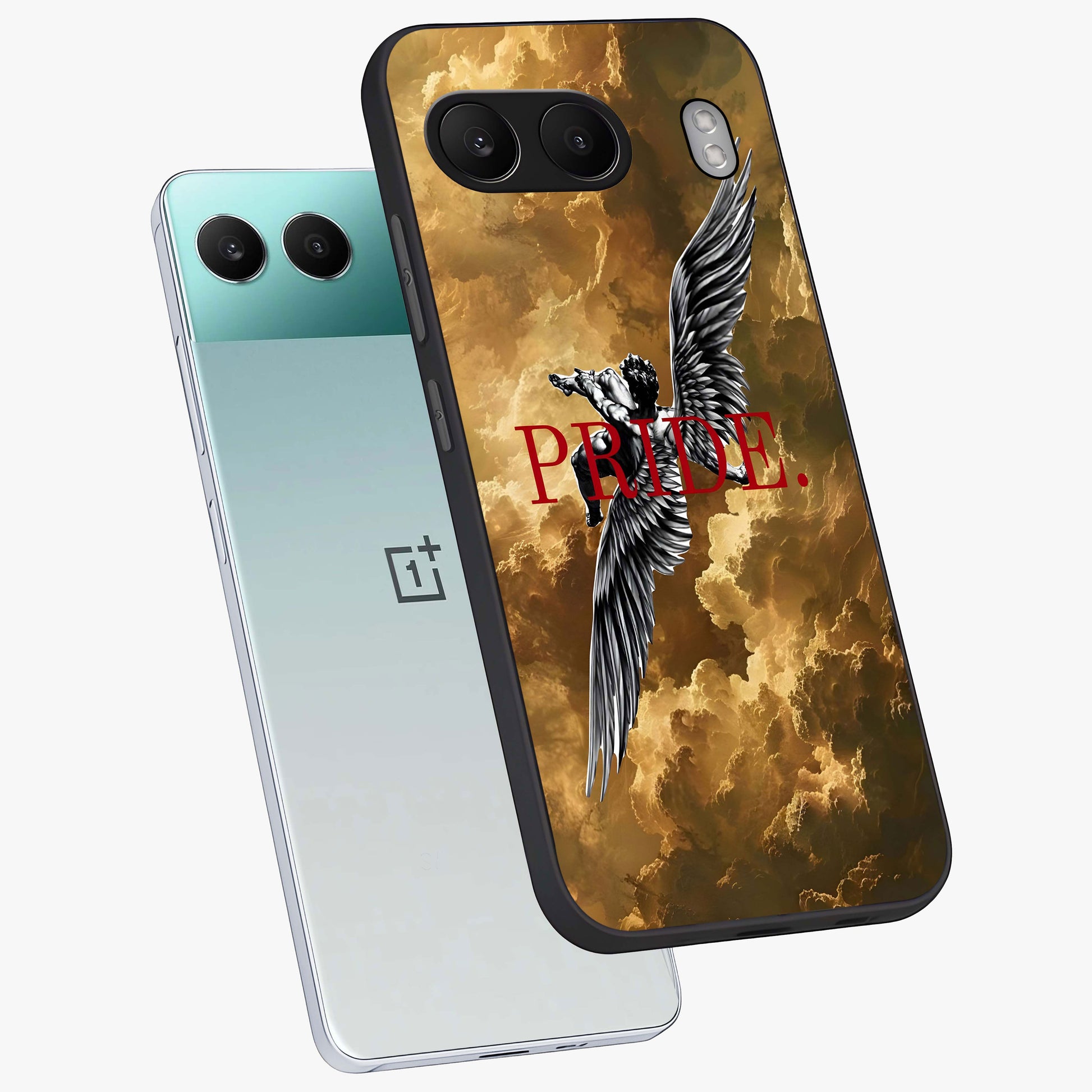 Celestial Fallen Pride Glass Case for 1+Nord 4 angled mockup showcasing glossy glass finish and intense night sky detailing