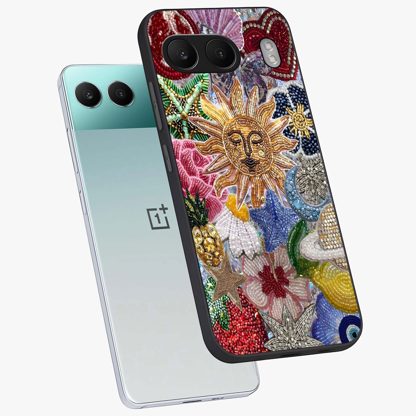 Celestial Floral and Playful Glass Case for 1+Nord 4 angled mockup showcasing glossy finish and colorful celestial detailing