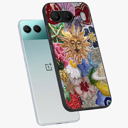 Celestial Floral and Playful Glass Case for 1+Nord 4 angled mockup showcasing glossy finish and colorful celestial detailing