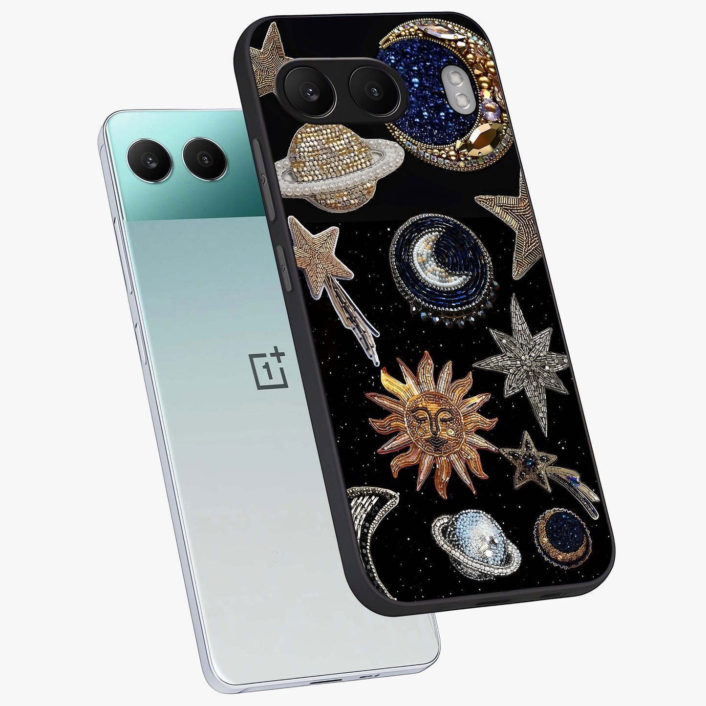 Celestial Gem Constellations Glass Case for 1+Nord 4 angled mockup showcasing glossy finish and sparkling cosmic design