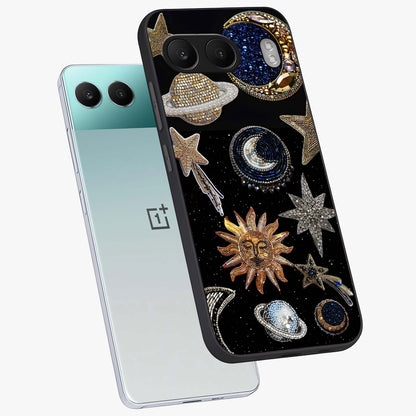 Celestial Gem Constellations Glass Case for 1+Nord 4 angled mockup showcasing glossy finish and sparkling cosmic design