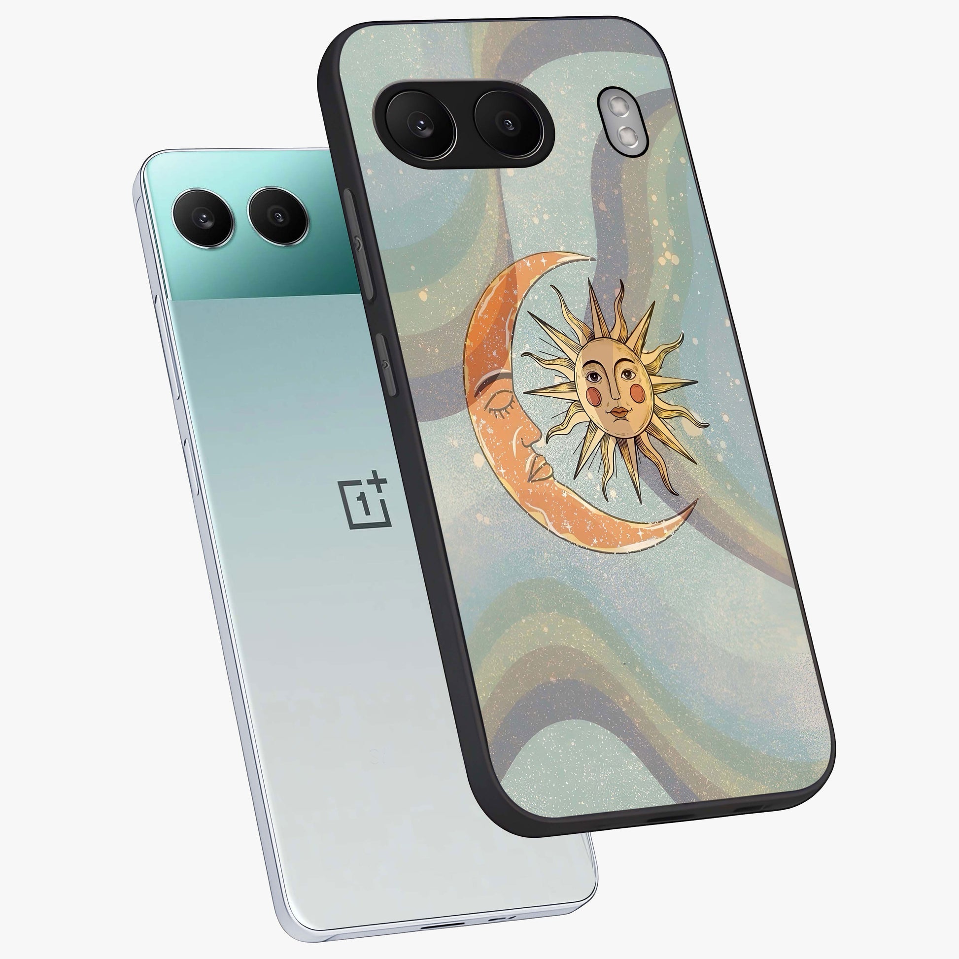 Celestial Harmony Vibes Glass Case for 1+Nord 4 angled mockup showcasing glossy finish and smooth celestial gradients