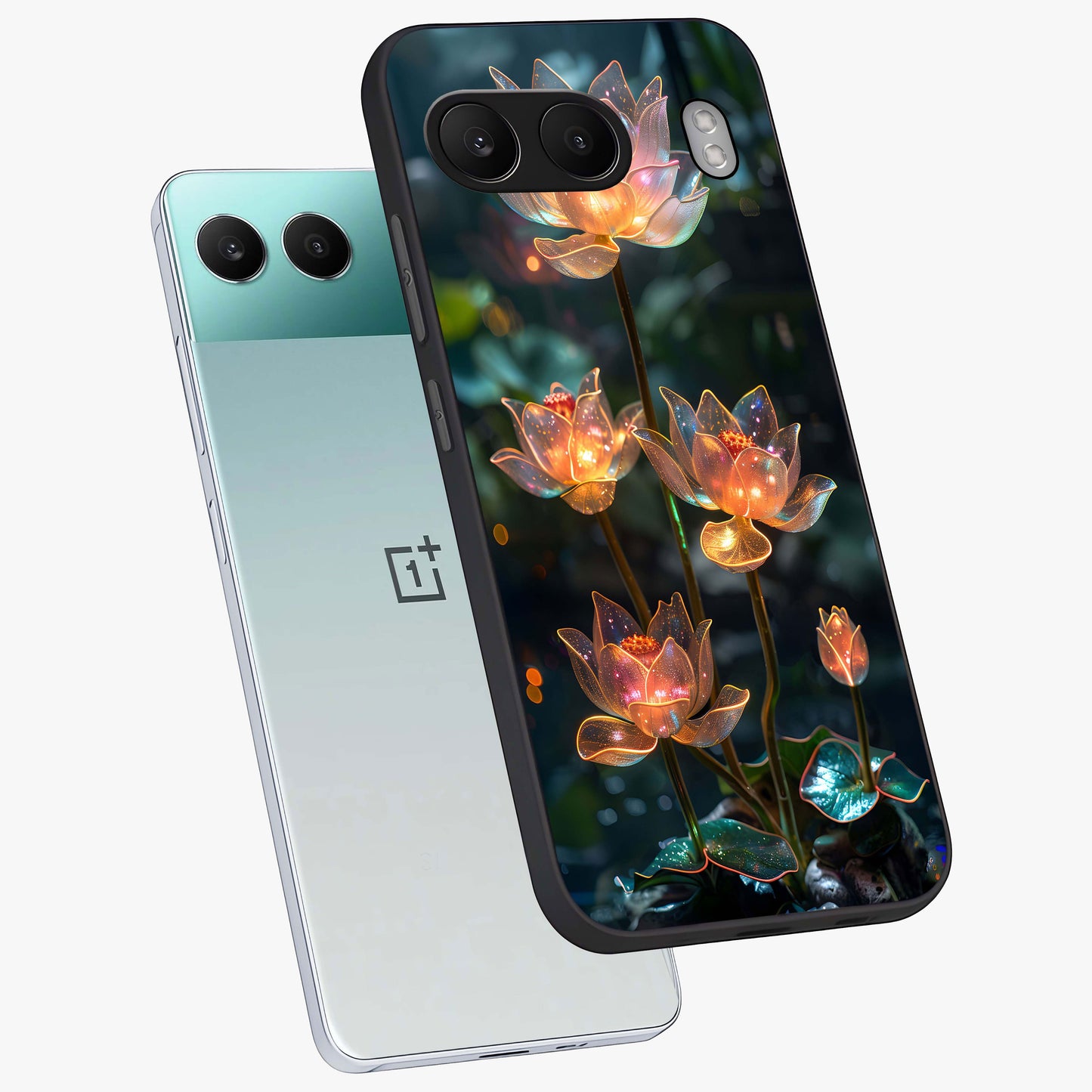 Celestial Lotus Light Glass Case for 1+Nord 4 angled mockup showcasing glossy finish and radiant celestial tones
