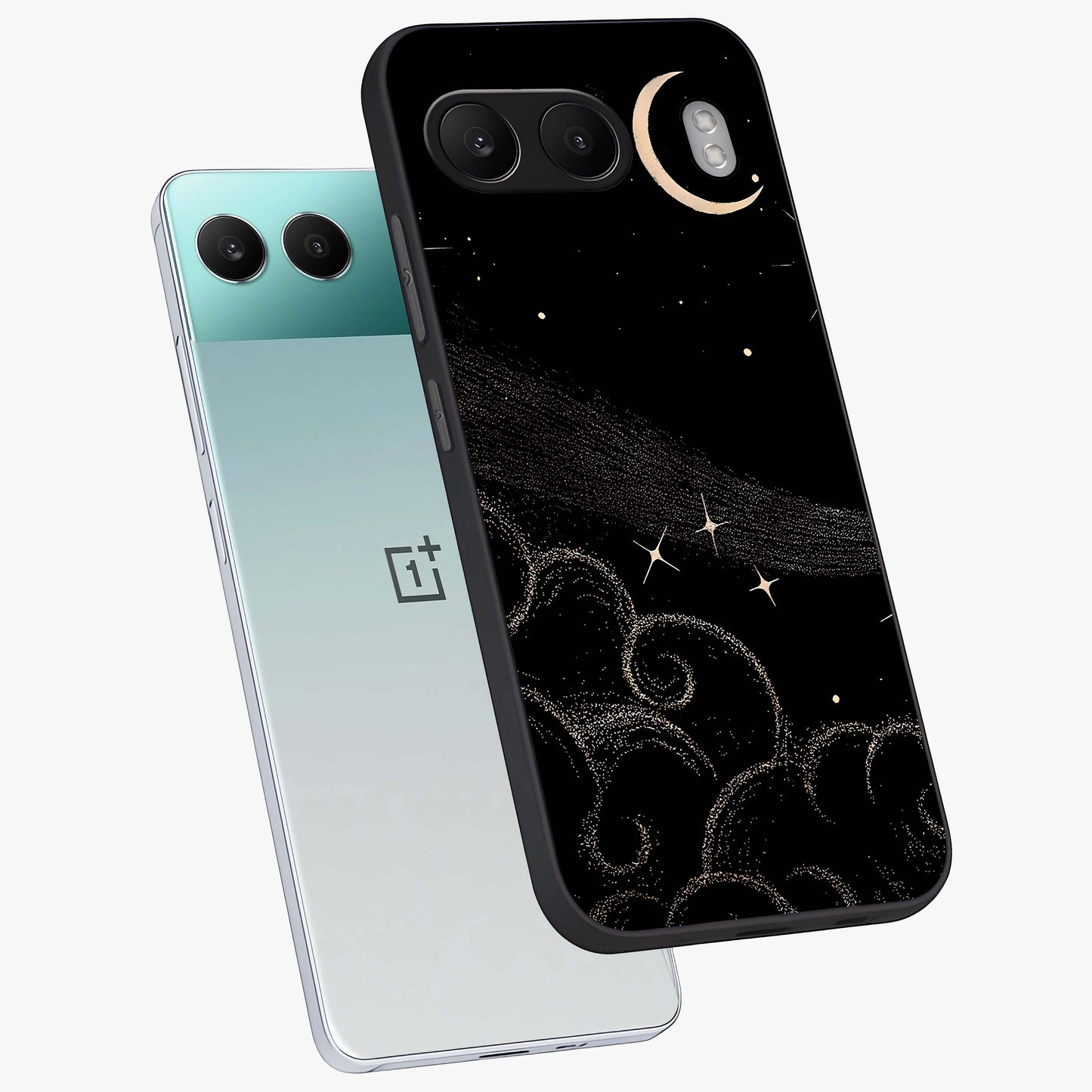 Celestial Midnight Veil Glass Case for 1+Nord 4 angled mockup showcasing glossy finish and dark celestial gradients