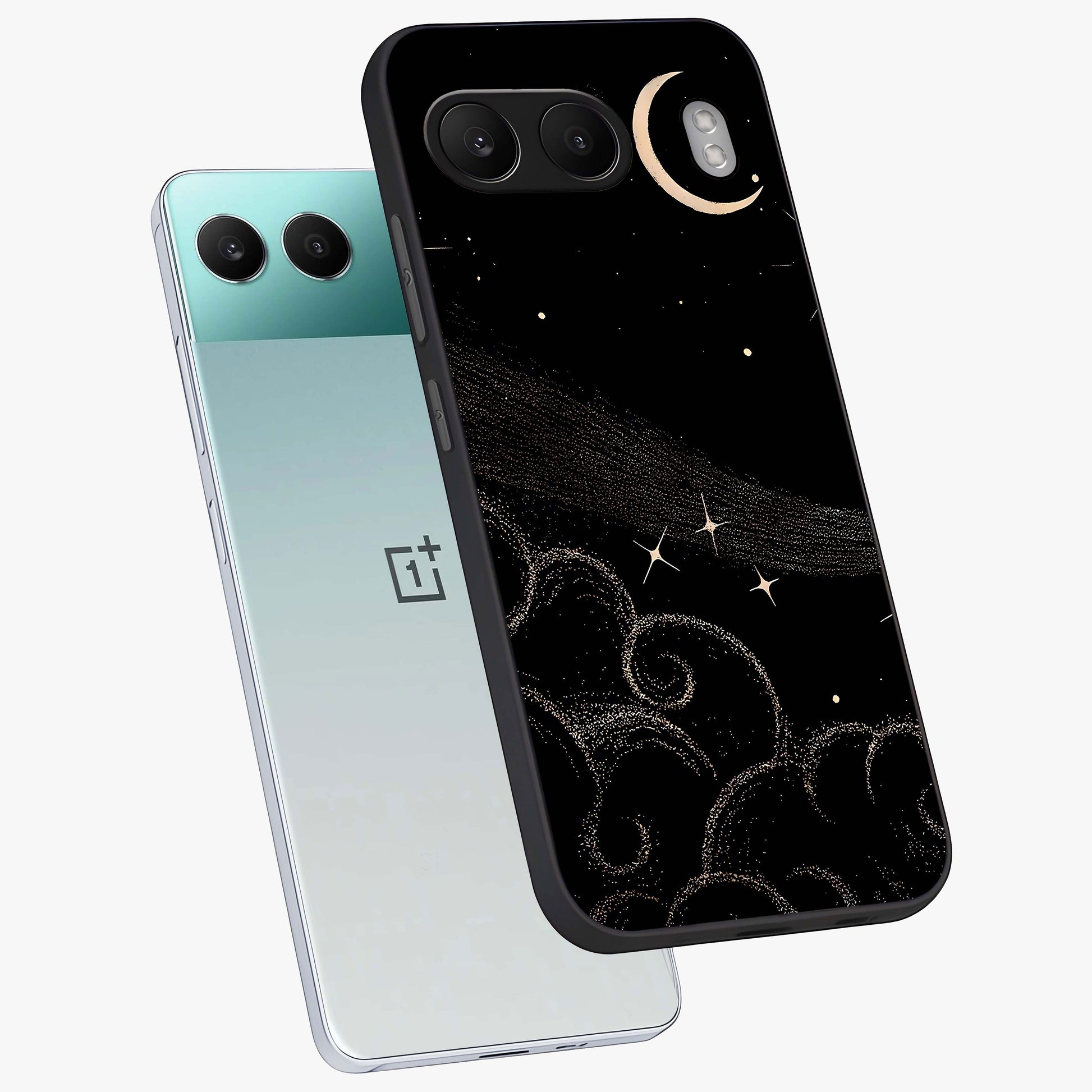 Celestial Midnight Veil Glass Case for 1+Nord 4 angled mockup showcasing glossy finish and dark celestial gradients