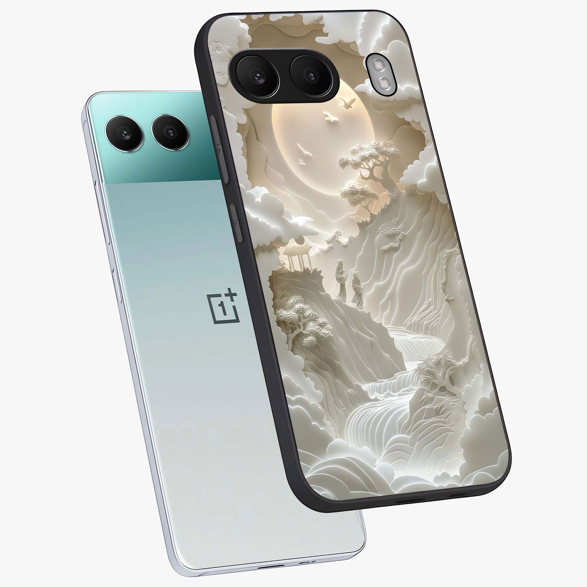 Celestial Origami Glass Case for 1+Nord 4 angled mockup showcasing glossy finish and geometric celestial design