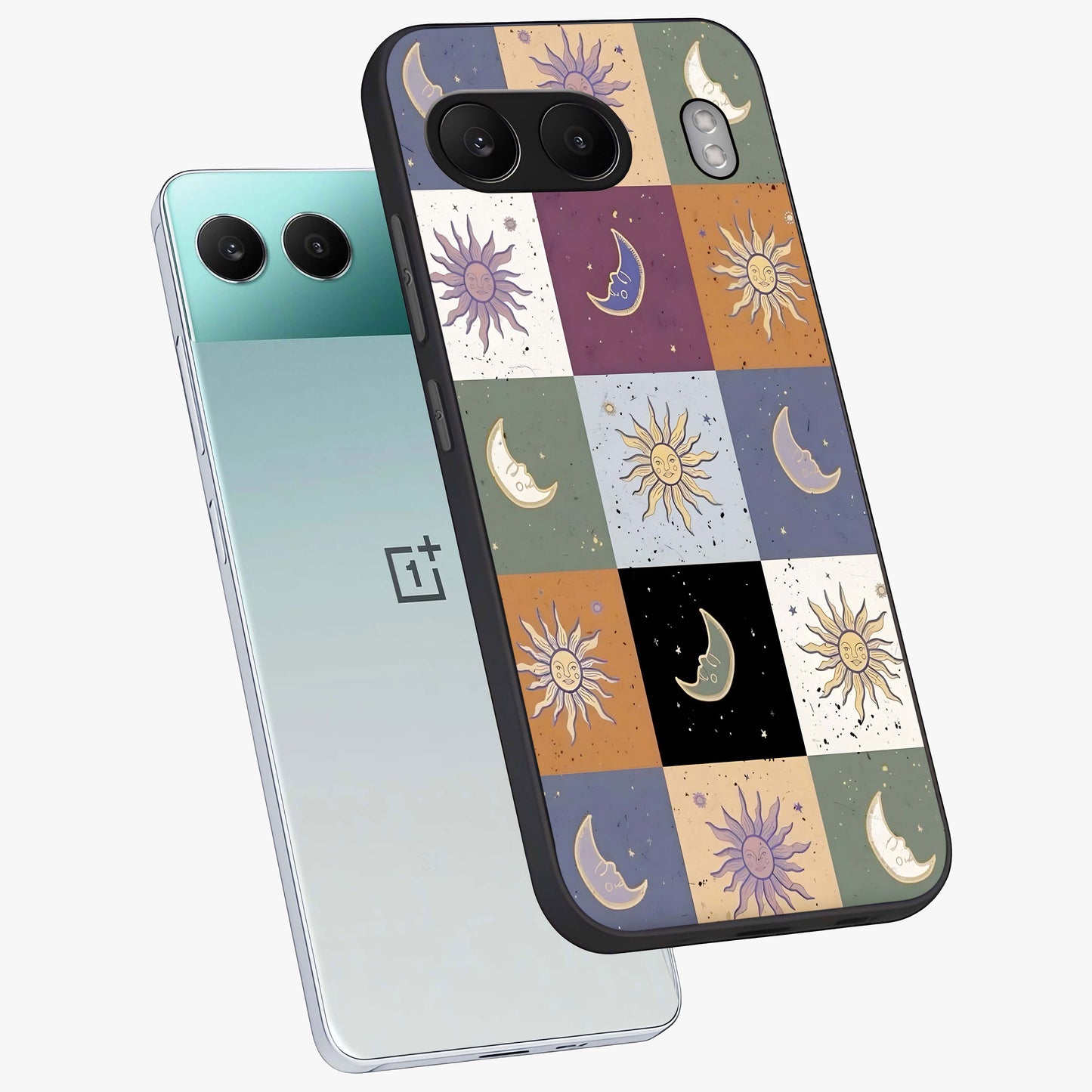 Celestial Patchwork Dreams Glass Case for 1+Nord 4 angled mockup showcasing glossy finish and layered celestial textures