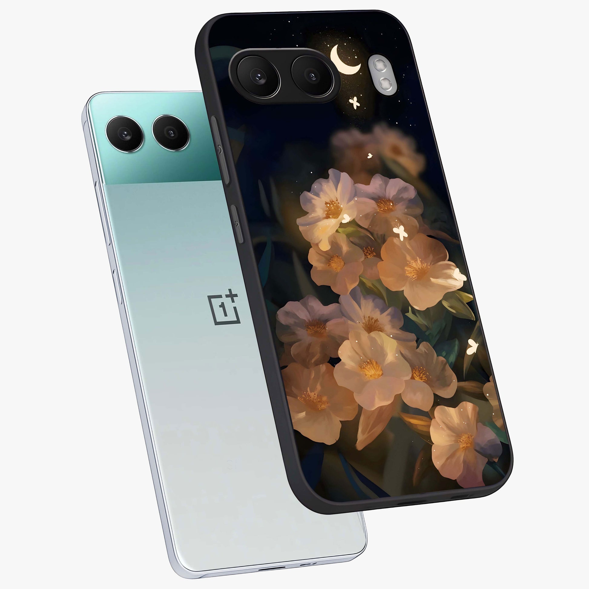 Celestial Petal Night Glass Case for 1+Nord 4 angled mockup showcasing glossy finish and glowing celestial accents