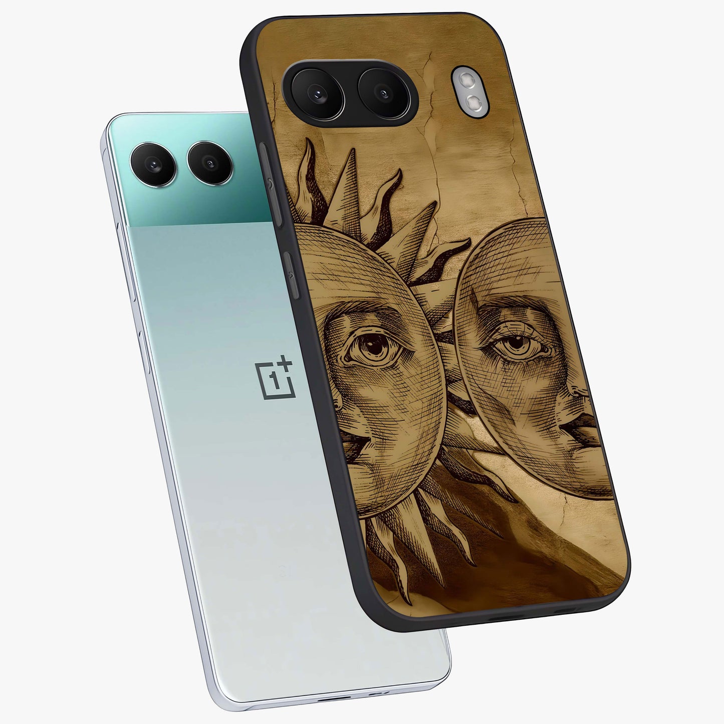 Celestial Relic Glow Glass Case for 1+Nord 4 angled mockup showcasing glossy finish and radiant glow detailing