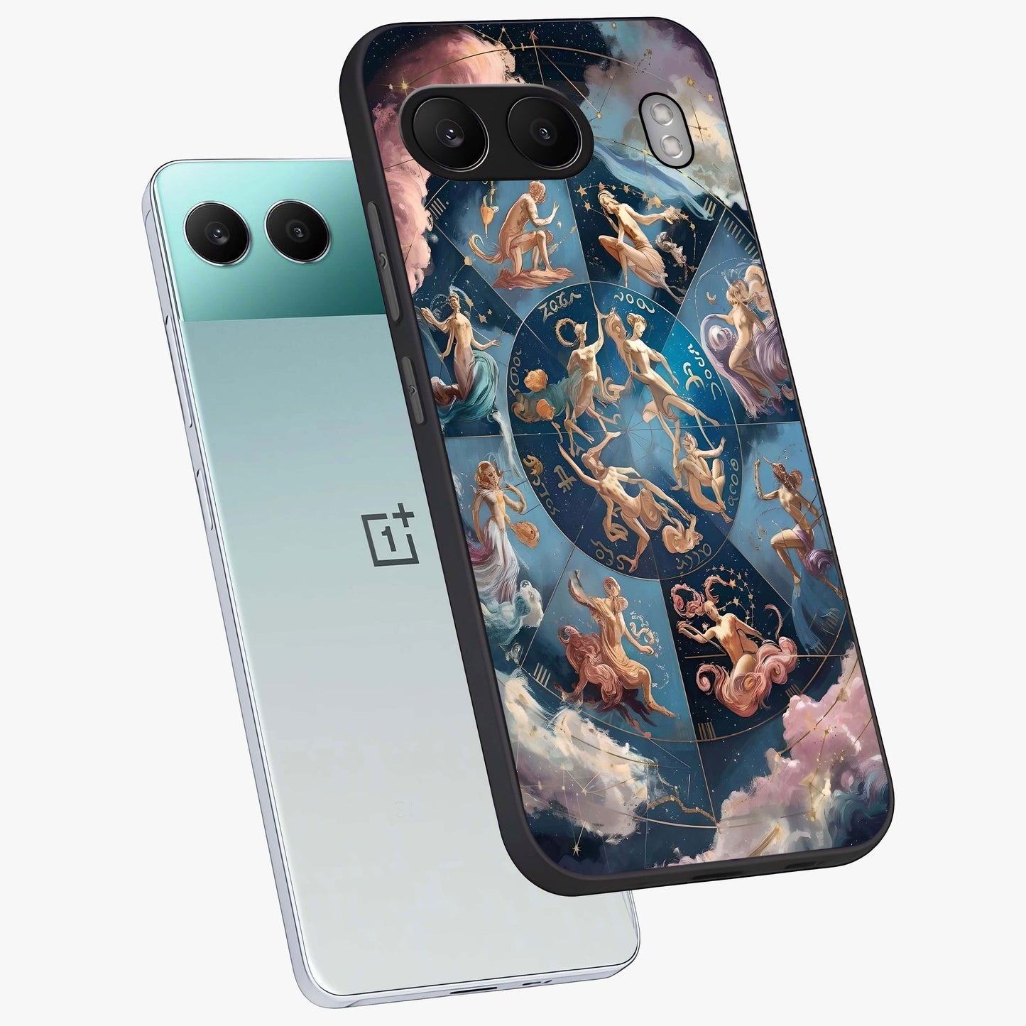 Celestial Signs Dance Glass Case for 1+Nord 4 angled mockup showcasing glossy finish and cosmic sign detailing