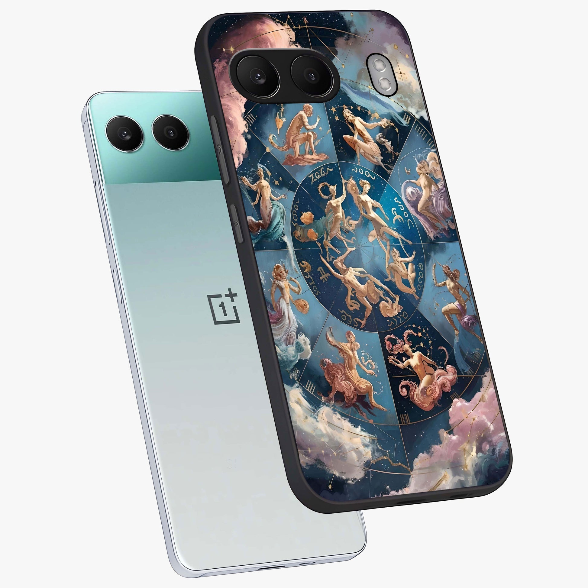 Celestial Signs Dance Glass Case for 1+Nord 4 angled mockup showcasing glossy finish and cosmic sign detailing