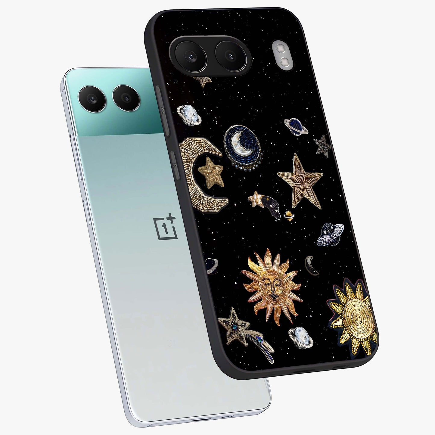 Celestial Star Charm Glass Case for 1+Nord 4 angled mockup showcasing glossy finish and shimmering celestial tones