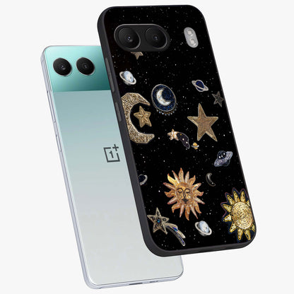Celestial Star Charm Glass Case for 1+Nord 4 angled mockup showcasing glossy finish and shimmering celestial tones