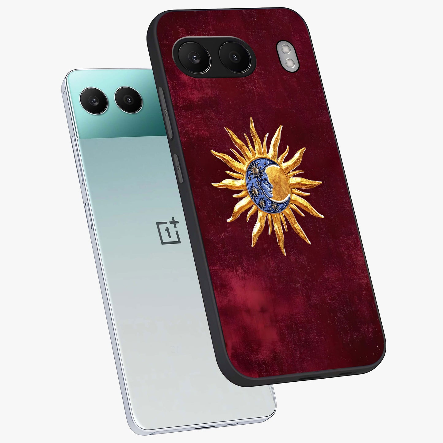 Celestial Unity Charm Glass Case for 1+Nord 4 angled mockup showcasing glossy finish and balanced cosmic design