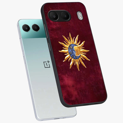 Celestial Unity Charm Glass Case for 1+Nord 4 angled mockup showcasing glossy finish and balanced cosmic design