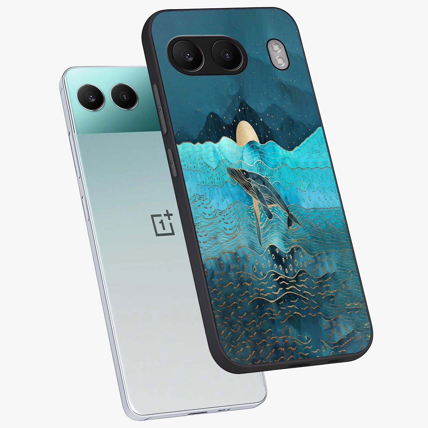 Celestial Whale Voyage Glass Case for 1+Nord 4 angled mockup showcasing glossy finish and deep celestial tones