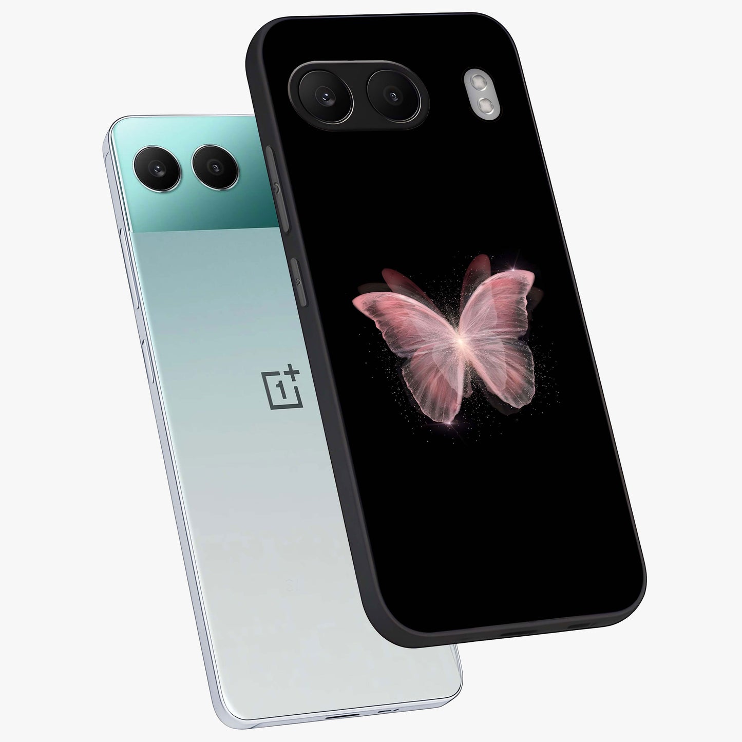 Celestial Wings Butterfly Glass Case for 1+Nord 4 angled mockup showcasing glossy finish and luminous wing detailing
