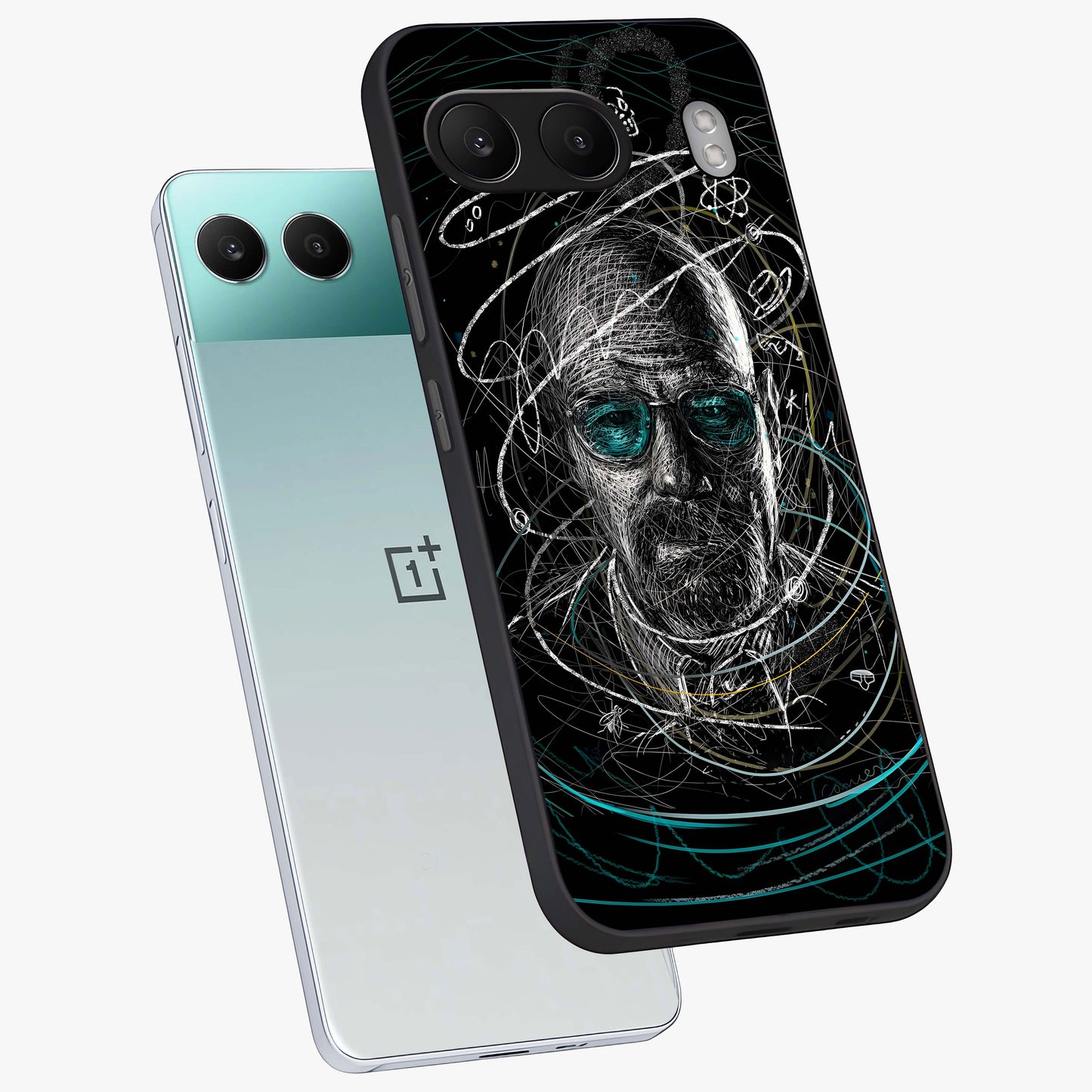 Chaotic Mind Genius Glass Case for 1+Nord 4 angled mockup showcasing glossy finish and edgy artistic design