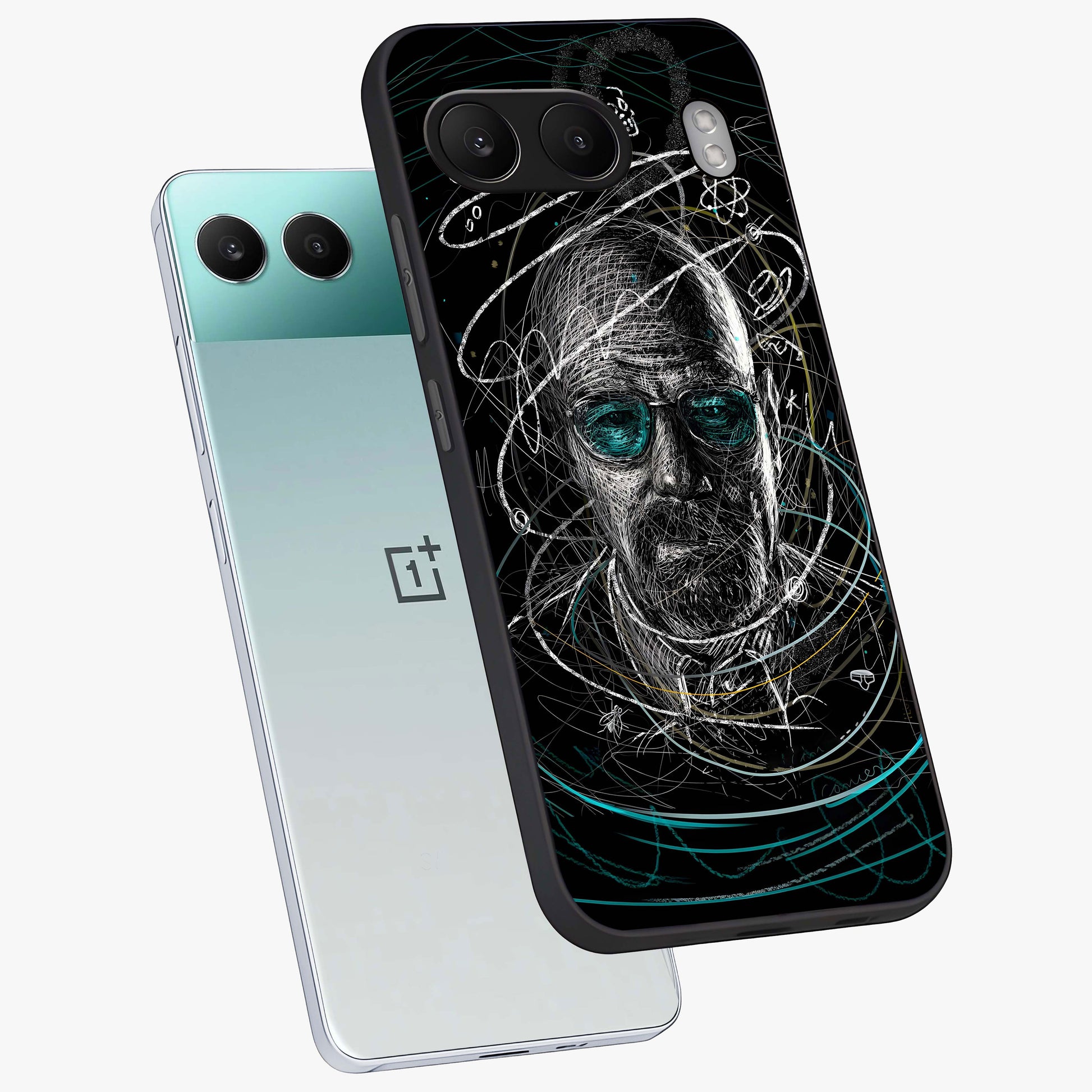 Chaotic Mind Genius Glass Case for 1+Nord 4 angled mockup showcasing glossy finish and edgy artistic design