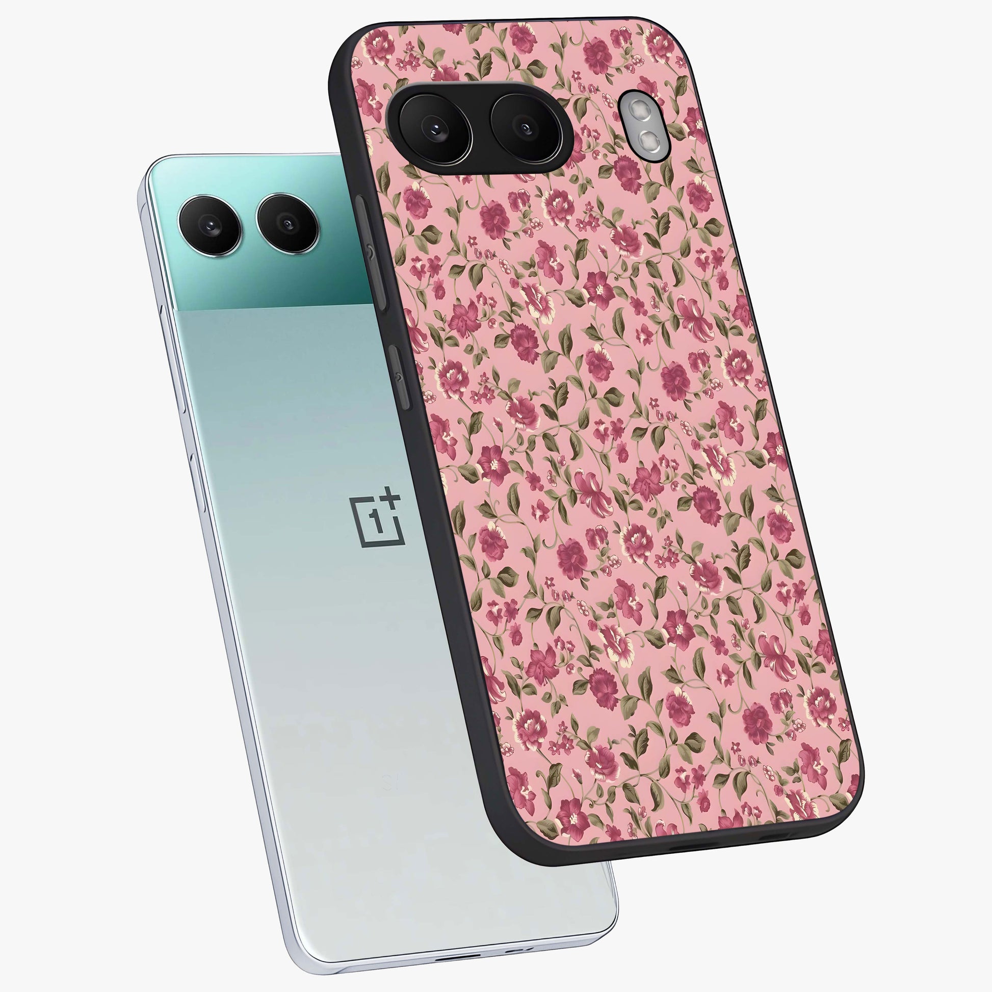 Charming Pink Floral Glass Case for 1+Nord 4 angled mockup showcasing glossy finish and elegant bloom detailing