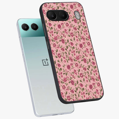 Charming Pink Floral Glass Case for 1+Nord 4 angled mockup showcasing glossy finish and elegant bloom detailing