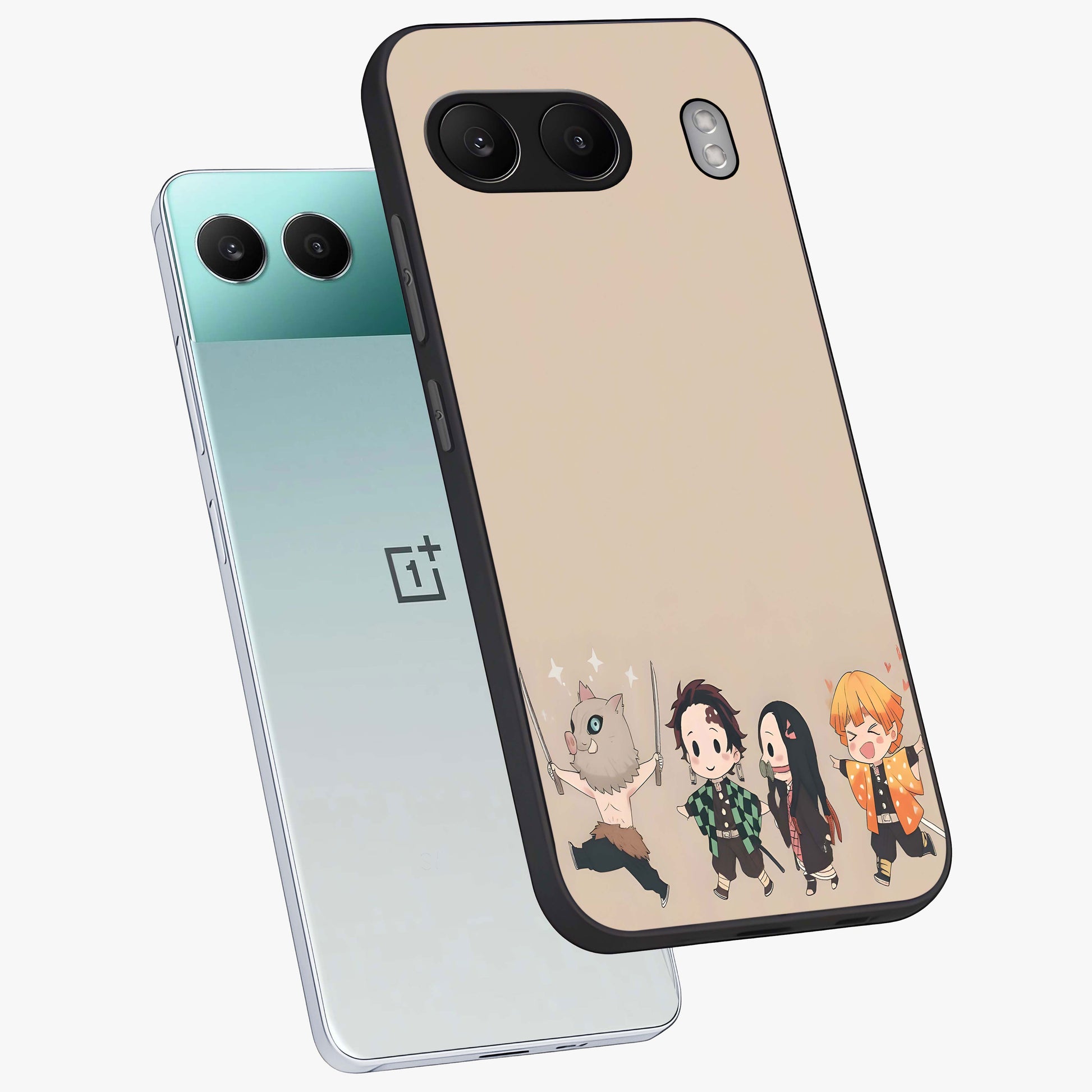 Chibi Demon Squad Glass Case for 1+Nord 4 angled mockup showcasing glossy finish and vibrant anime inspired design