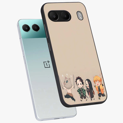 Chibi Demon Squad Glass Case for 1+Nord 4 angled mockup showcasing glossy finish and vibrant anime inspired design