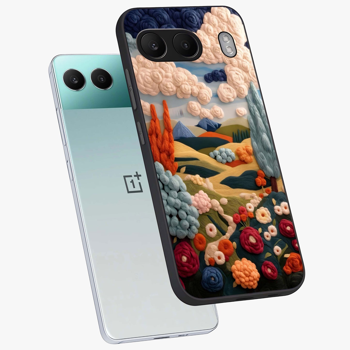Cloud Cotton Meadows Printed Glass Case for 1+Nord 4 angled mockup showcasing glossy glass finish and airy pastel design