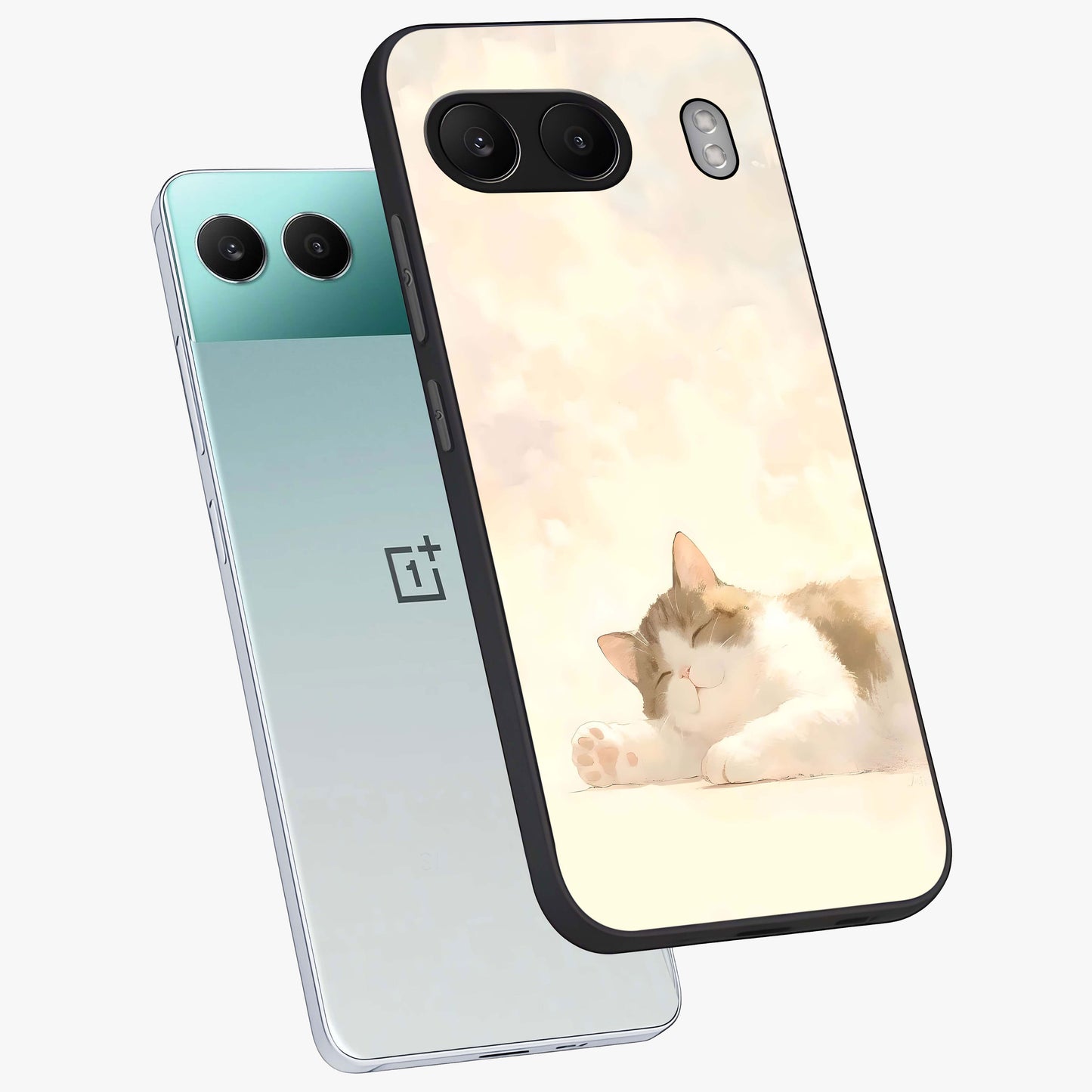 Cloud Nap Cat Glass Case for 1+Nord 4 angled mockup showcasing glossy finish and cozy pastel tones