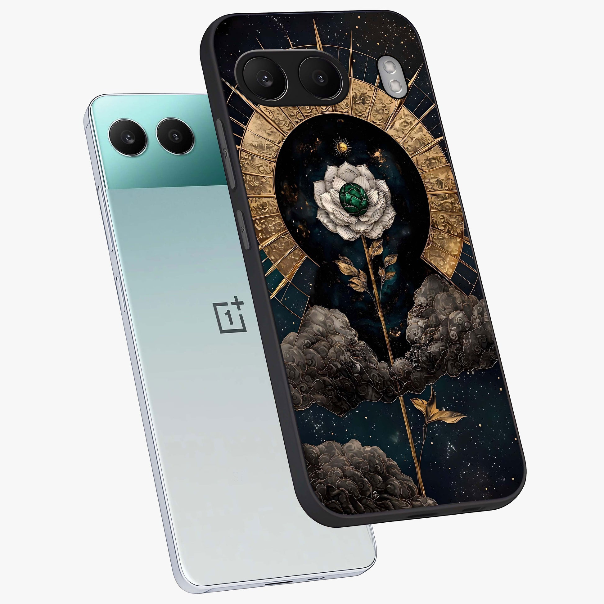 Cosmic Bloom Rose Glass Case for 1+Nord 4 angled mockup showcasing glossy finish and vibrant celestial floral tones