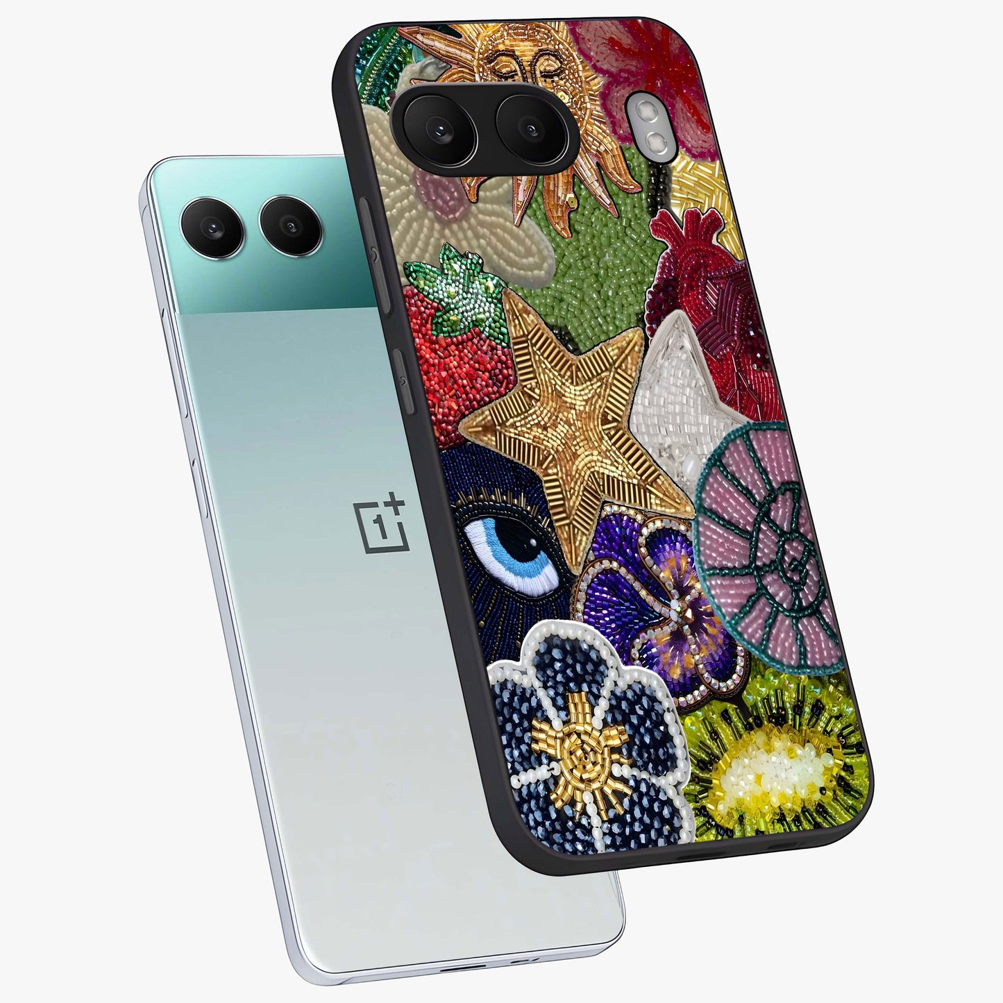 Cosmic Charm Shine Glass Case for 1+Nord 4 angled mockup showcasing glossy finish and sparkling cosmic tones