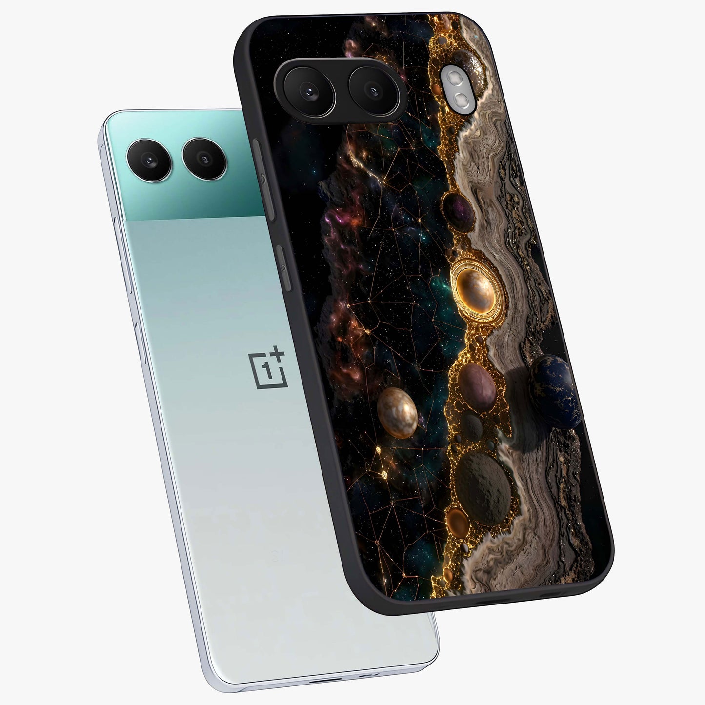 Cosmic Gold Path Glass Case for 1+Nord 4 angled mockup showcasing glossy finish and radiant gold accents