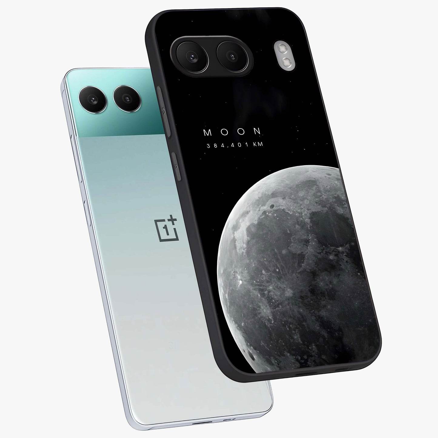 Cosmic Moon Glow Glass Case for 1+Nord 4 angled mockup showcasing glossy finish and luminous night design