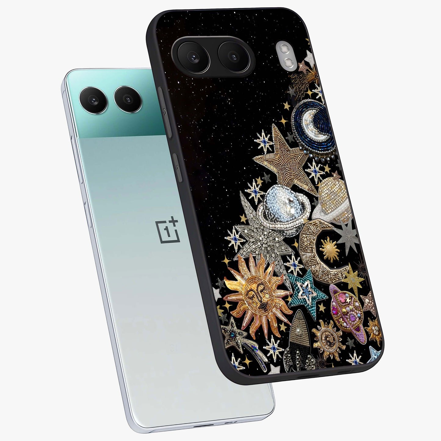 Cosmic Sparkle Dreams Glass Case for 1+Nord 4 angled mockup showcasing glossy finish and vibrant celestial glow