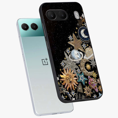 Cosmic Sparkle Dreams Glass Case for 1+Nord 4 angled mockup showcasing glossy finish and vibrant celestial glow