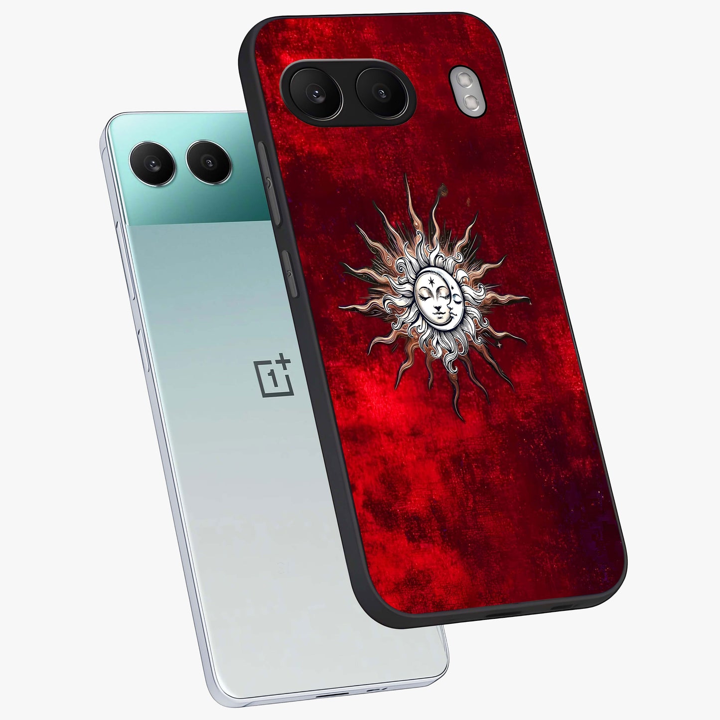 Cosmic Twin Eclipse Glass Case for 1+Nord 4 angled mockup showcasing glossy finish and bold celestial contrast
