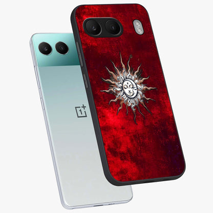 Cosmic Twin Eclipse Glass Case for 1+Nord 4 angled mockup showcasing glossy finish and bold celestial contrast