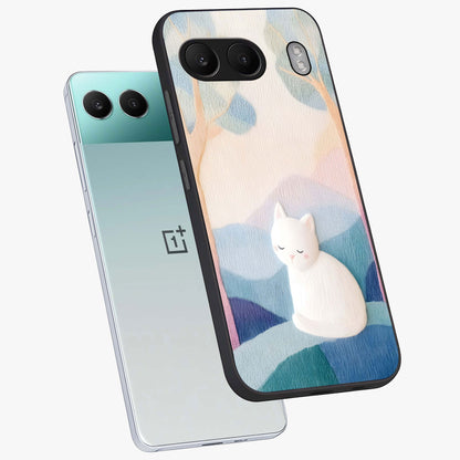 Cotton Dream Cat Glass Case for 1+Nord 4 angled mockup showcasing glossy glass finish and cozy aesthetic design