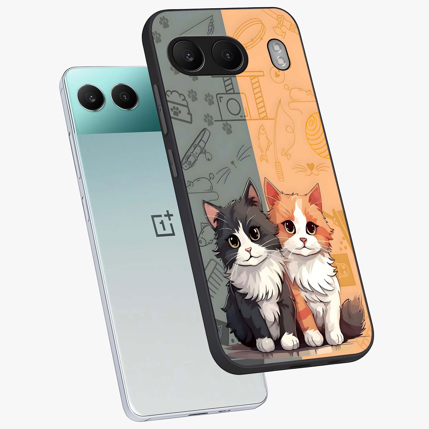 Cozy Cat Duo Glass Case for 1+Nord 4 angled mockup showcasing glossy finish and charming pastel tones