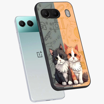 Cozy Cat Duo Glass Case for 1+Nord 4 angled mockup showcasing glossy finish and charming pastel tones