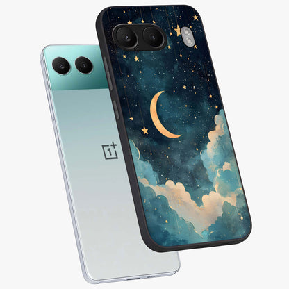 Crescent Galaxy Moon Glass Case for 1+Nord 4 angled mockup showcasing glossy finish and glowing galaxy tones
