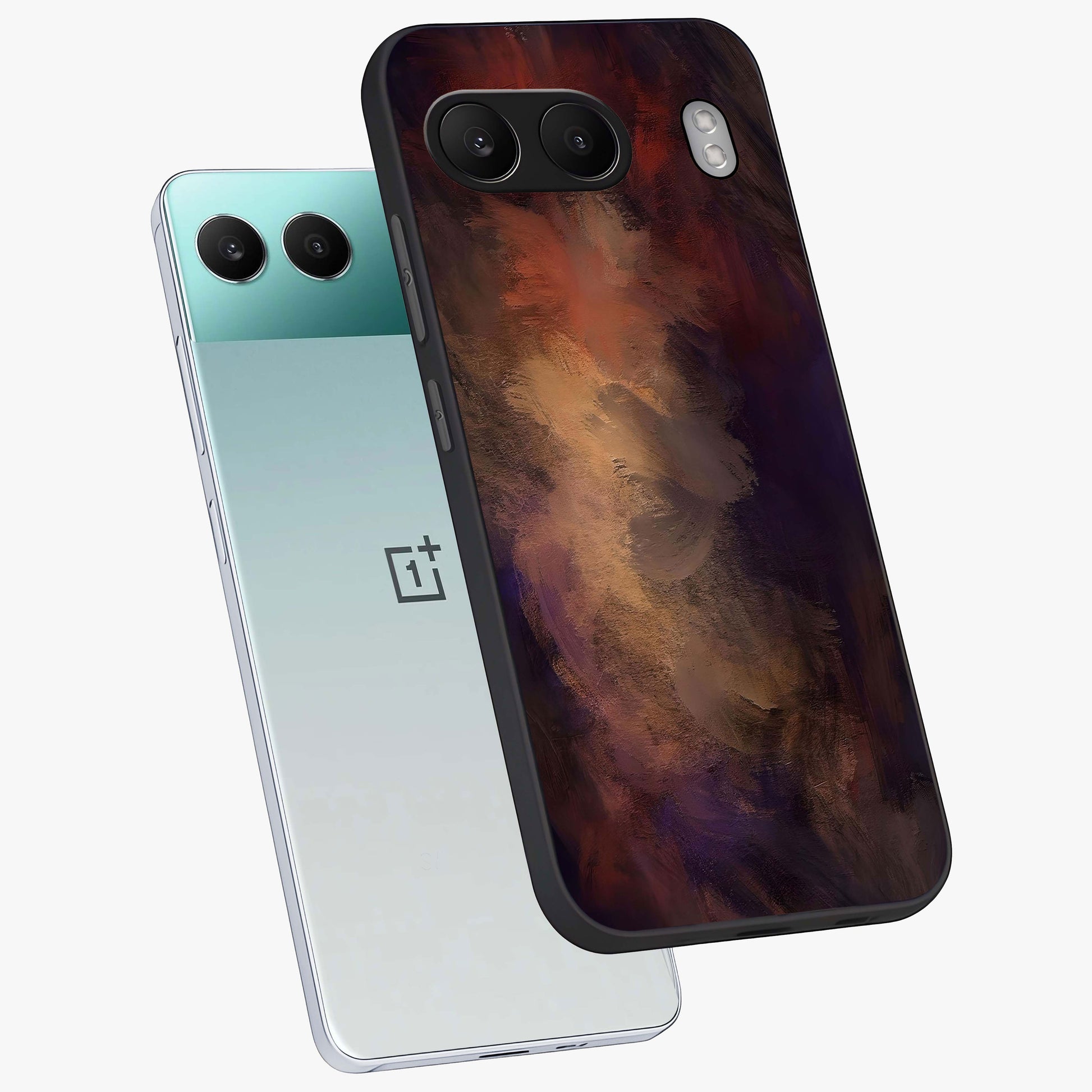 Crimson Dusk Whirl Glass Case for 1+Nord 4 angled mockup showcasing glossy finish and bold abstract motion design