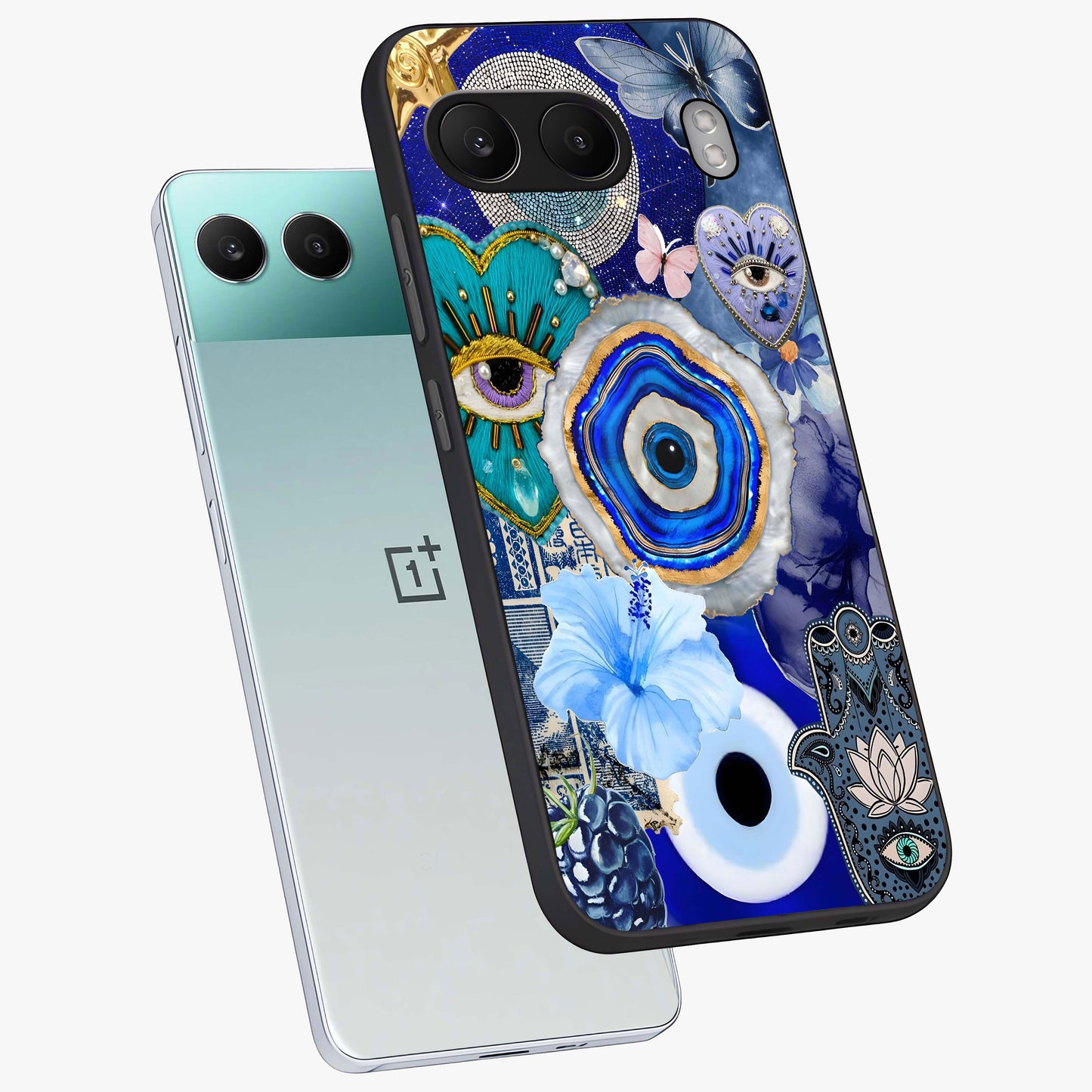 Crimson Evil Eye Charm Glass Case for 1+Nord 4 angled mockup showcasing glossy finish and vibrant symbolic detailing