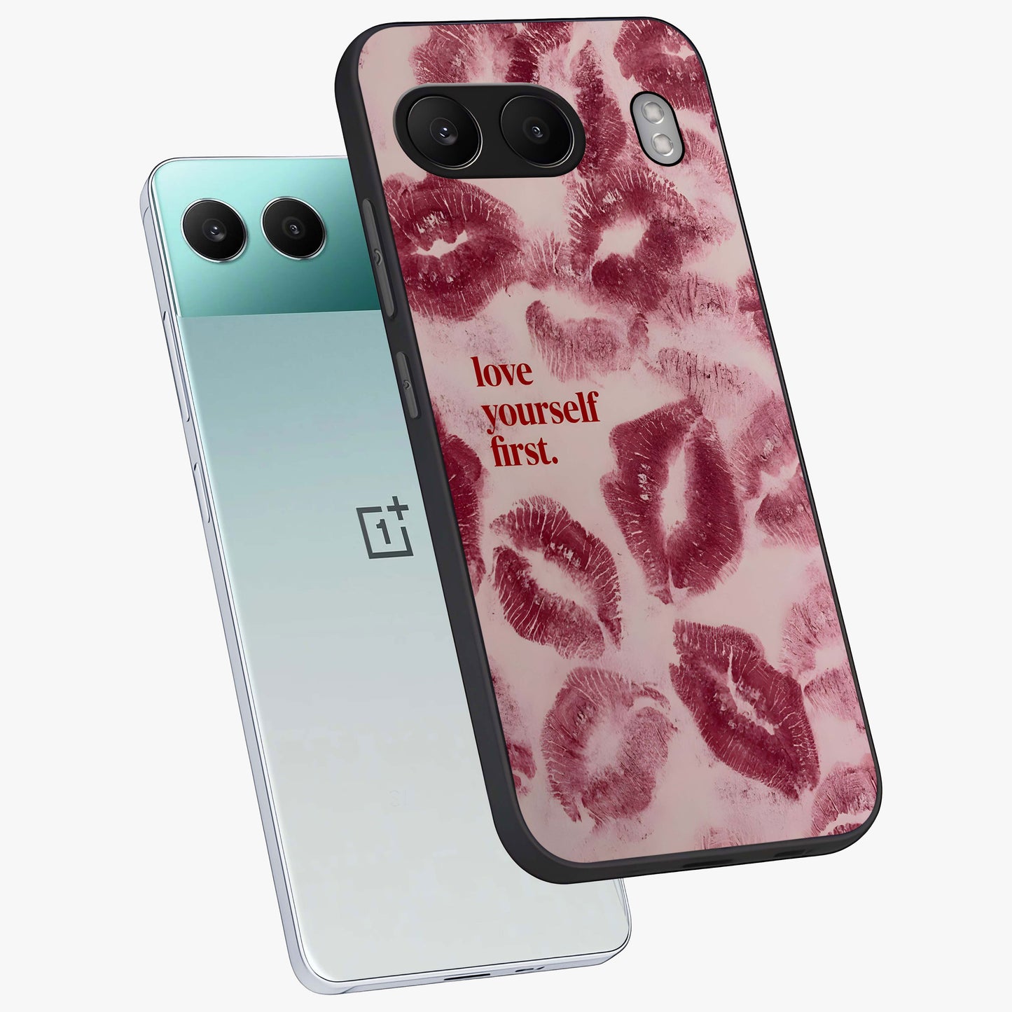 Crimson Kiss Love Glass Case for 1+Nord 4 angled mockup showcasing glossy glass finish and rich red tones